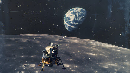 Wall Mural - View of Blue Earth from Lunar Surface with Craters and Space Mission Satellite Seen in Background