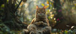 A fabulous fluffy cat sits on a log in a magical forest in the rays of the setting sun.