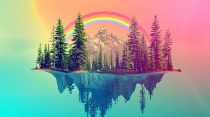 Wall Mural - mountain with pine trees and a floating rainbow. neon retro concept,wallpaper,background,mountains,retro,neon