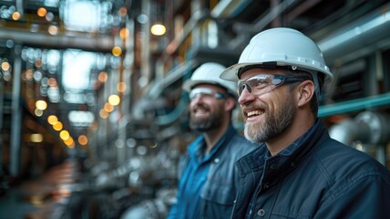 Wall Mural - Two men wearing hard hats and safety glasses stand in a factory