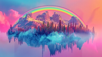 Wall Mural - mountain with pine trees and a floating rainbow. neon retro concept,wallpaper,background,mountains,retro,neon,rainbow,pine trees,waterfall