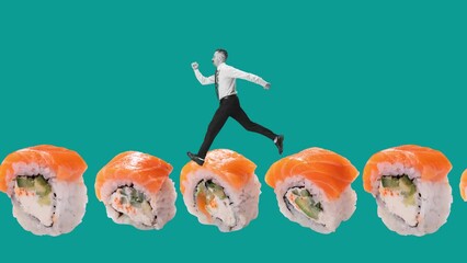 Canvas Print - Stop motion. Animation. Young man running on sushi set isolated over blue background. Concept of Japanese food, taste, artwork, creativity, vintage, food. Copy space for ad