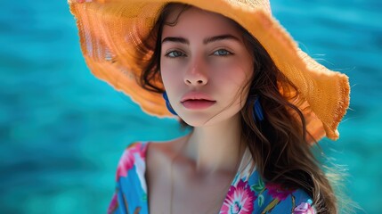 Wall Mural - A beautiful young woman with a colorful outfit standing against a deep blue ocean backdrop