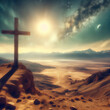 surreal desert and mountain landscape with unusual sky and Christian cross
