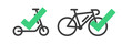 Bicycle and kick scooter check mark icon vector graphic illustration set, line outline stroke bike available approve symbol modern simple sign design, option select checkmark permission image clip art