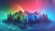 mountain with pine trees and a rainbow floating with neon background,retro,aesthetic,80s,wallpapers,backgrounds,paintings,pine trees,mountain,rainbow