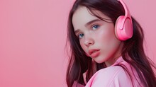 A Stunning Girl Casting A Glance Sideways, Headphones Adorning Her Head, Against A Minimalist Solid-colored Background