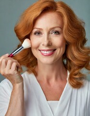 Wall Mural - Charming blonde 40s 50s middle aged woman with holding make up brush on shining face with perfect skin, looking at the camera, applying powder