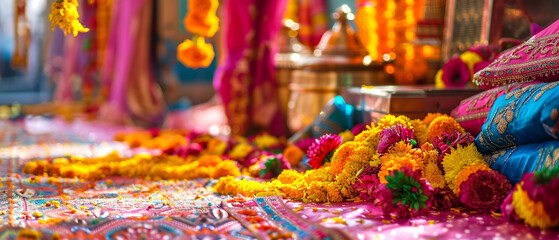 A vibrant celebration in India with colorful decorations, featuring traditional clothing and joyful dancing.