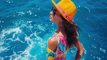 A vibrant photo capturing a beautiful young woman with a colorful outfit standing against a deep blue ocean backdrop