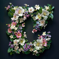 Wall Mural - Beautiful floral alphabet isolated on black background. Letter C. Floral font.