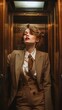 In the cramped confines of a vintage elevator, a model's classic, tailored suit pays homage to the timeless appeal of old-world glamour