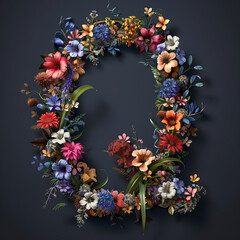 Wall Mural - Beautiful floral alphabet isolated on black background. Letter Q. Floral font.