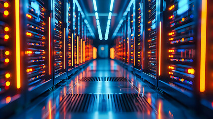 Poster - Modern Data Center with Server Racks, Digital Connectivity and Computing Power, Futuristic Blue Technology Background