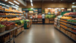 Supermarket aisle with fruits and vegetables, blurred background, shallow depth of focus