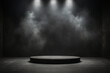 © Юлия Васильева - Black round podium in dark room with smoke and spotlights. 3D rendering