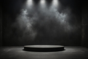 black round podium in dark room with smoke and spotlights. 3d rendering