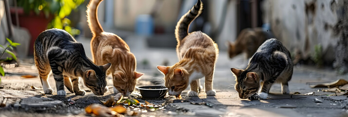 Stray Cats Feeding on a Sunlit Dirty Street. Concept Animal Rescue, Community Support, Stray Animals, Urban Environment, Compassion