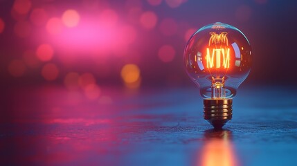 Poster - Illuminated light bulb on a reflective surface with bokeh background