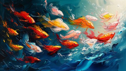 oil painting of fishes in the sea abstract with visible bush strokes