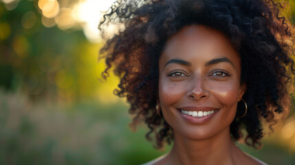 Portrait of smiling middle aged african woman looking at camera. Cheerful black mid adult woman smiling outdoor. Close up face of beautiful black lady laughing at park