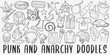Anarchy Doodle Icons Black and White Line Art. Punk Clipart Hand Drawn Symbol Design.