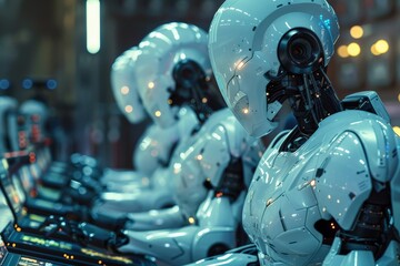 Poster - Narrative scene where robots with advanced AI capabilities work alongside humans in a command center, Row of advanced robots with intricate designs, focusing intently on high-tech control panels..