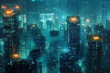 Poster - Neon-lit towers rise in a digital dreamscape, a cybernetic symphony of data, with streaks of light rain down on an urban expanse, epitomizing a metropolis not just alive but sentient.