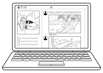 Social network website on laptop screen coloring retro PNG illustration. Isolated image on white background. Comic book style imitation.