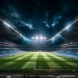 Fototapeta Sport - An empty soccer stadium at night with the lights on