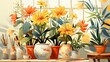 A beautiful painting of a variety of flowers in pots on a table near a window