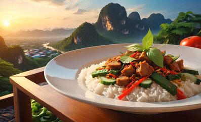 Wall Mural - best quality of traditional Thai dishes,Thai food stir-fried crispy pork spicy and Thai basil served with rice and cucumber