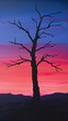 Silhouette of a leafless tree against a colorful sunset sky