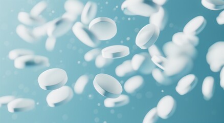 white pills falling on blue background, healthcare and medicine, pharmacy concept