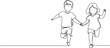 continuous single line drawing of toddler girl and boy running hand in hand, line art vector illustration