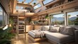 The interior of a cozy and modern tiny house with a kitchen, living area, and sleeping loft