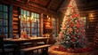 A cozy living room with a decorated Christmas tree and a dining table set for a holiday meal