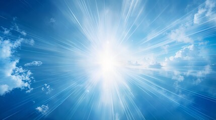 brilliant sunburst with lens flare against a blue sky during midday, god rays piercing through wisps