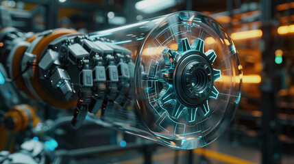 Poster - A futuristic machine with a glowing gear inside a clear tube