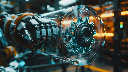 Poster - A futuristic machine with a glowing gear inside a clear tube