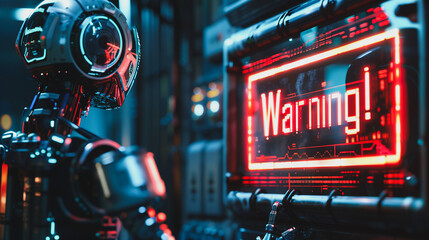 Poster - A robot is looking at a sign that says Warning!