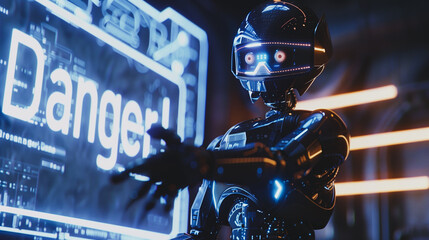 Poster - A robot is standing in front of a sign that says Danger