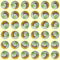 Poster - Collection of earth globes. North pole sphere view. Rotation step 10 degrees. Colored continents style. World map with sparse graticule lines on warm background. Original vector illustration.