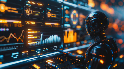 Poster - a robot is sitting in front of a computer monitor with a lot of numbers