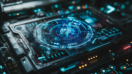 Poster - A computer chip with a blue circle in the middle