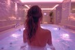 Woman enjoying leisure time in a purple jacuzzi tub at a spa