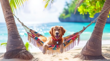 Canvas Print - A Golden Retriever dog relaxing in a hammock on a tropical beach