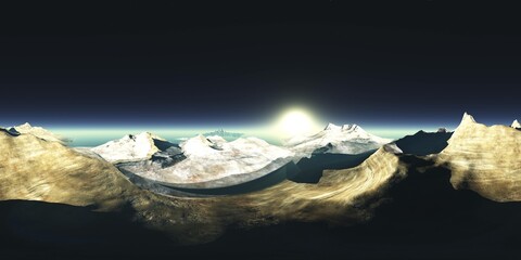Wall Mural - hdri, round panorama, spherical panorama, sunrise over the planet, sunrise over the icy moon, 3d ren