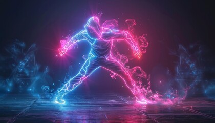 Wall Mural - a man in neon colors is standing in front of a wall of fire by ai generated image