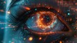 Surreal representation of an eye as a portal to a cybernetic space, filled with glowing data points and digital pathways, illustrating the fusion of human cognition with technology